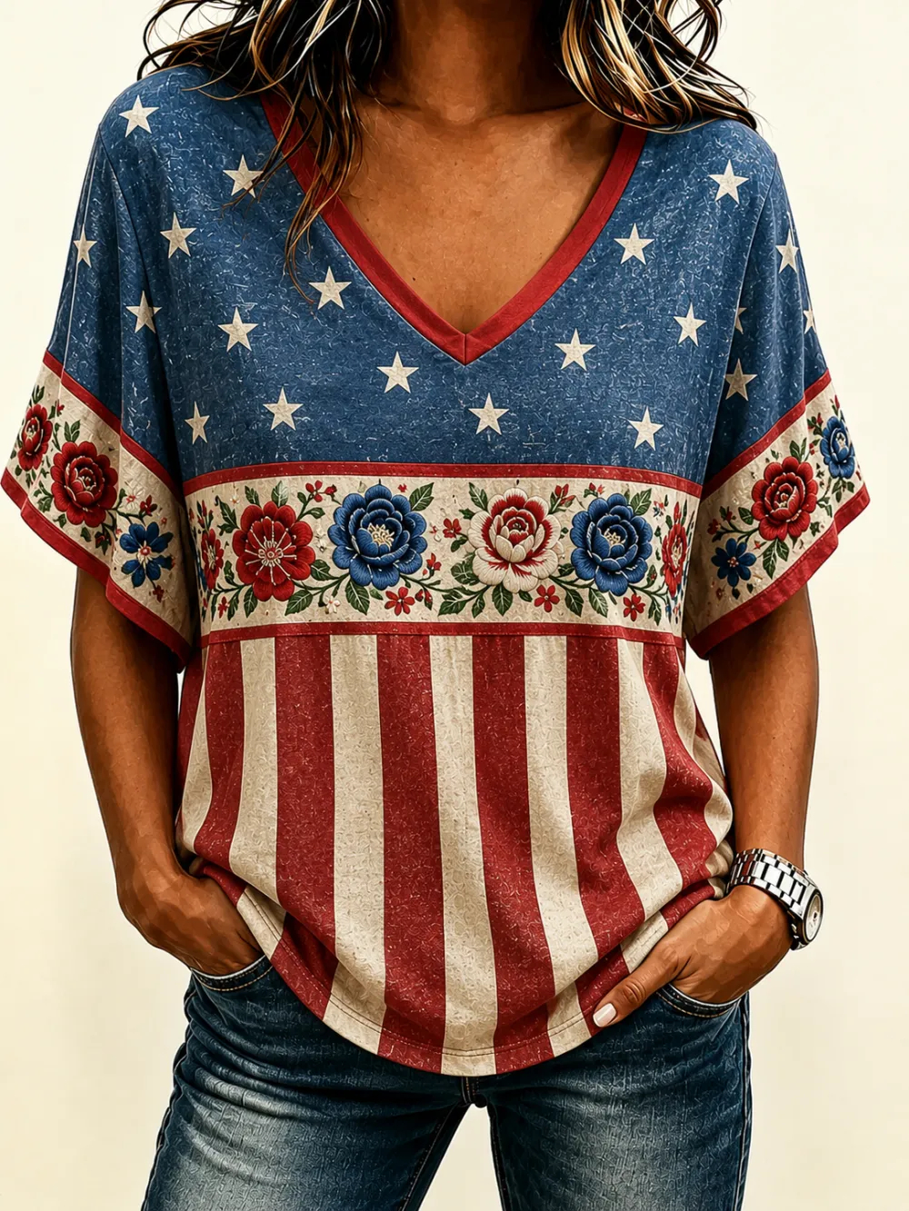 Women's Vintage American Flag Floral Print V Neck Short Sleeve Casual Blouse