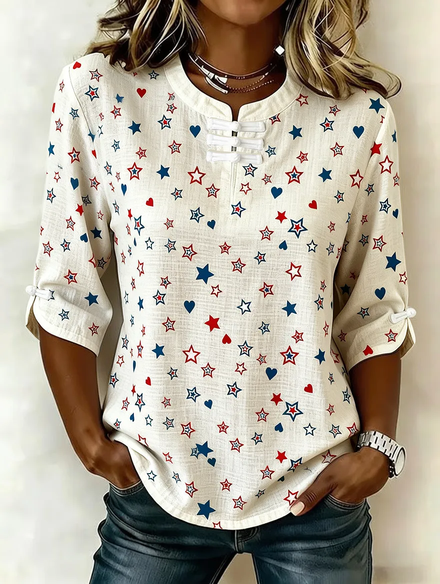 Women’s Patriotic Star & Heart Print 3/4 Sleeve Blouse, Casual 4th of July Henley Top
