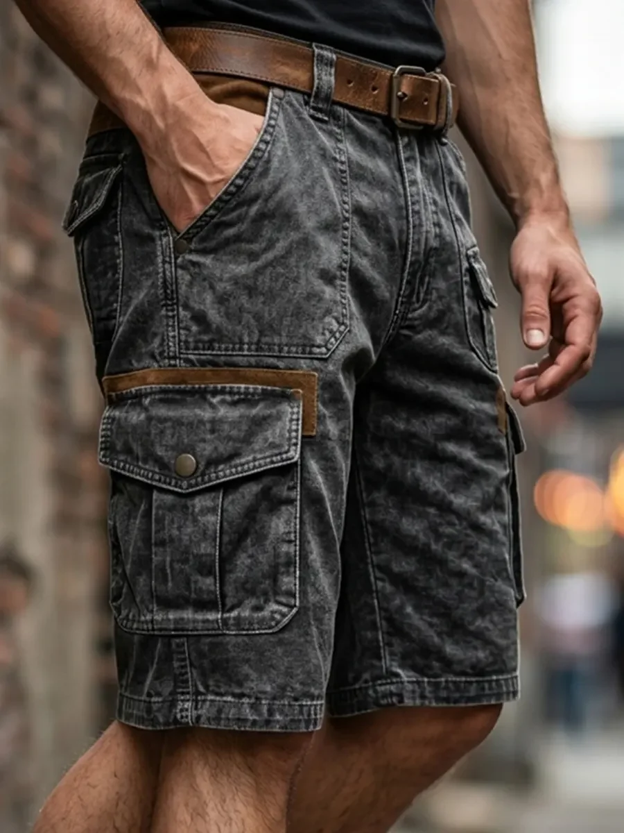 Relaxed Fit Distressed Denim Utility Cargo Shorts with Flap Side Pockets for Men