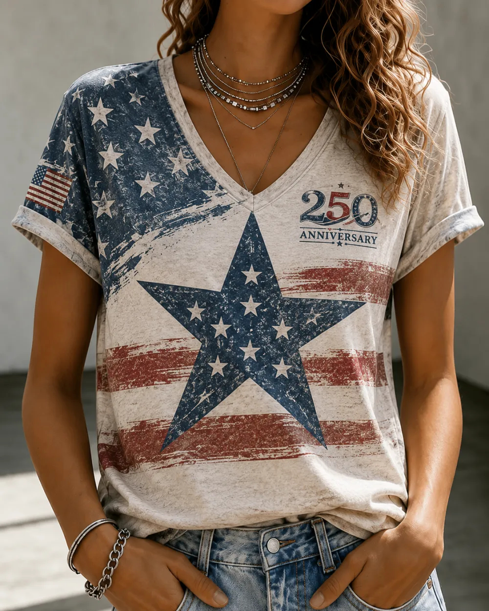 Women's Vintage Distressed Star Stripe 250 Anniversary V Neck Roll Sleeve T-Shirt