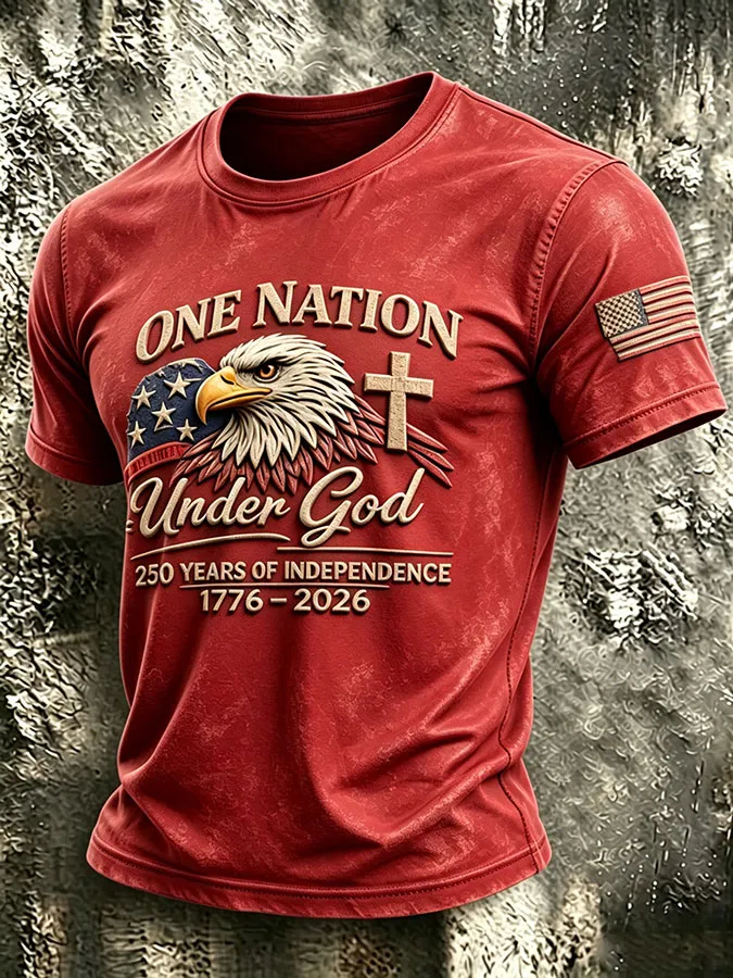 Men's One Nation Under God Bald Eagle Cross Vintage Wash Patriotic Short Sleeve T-Shirt