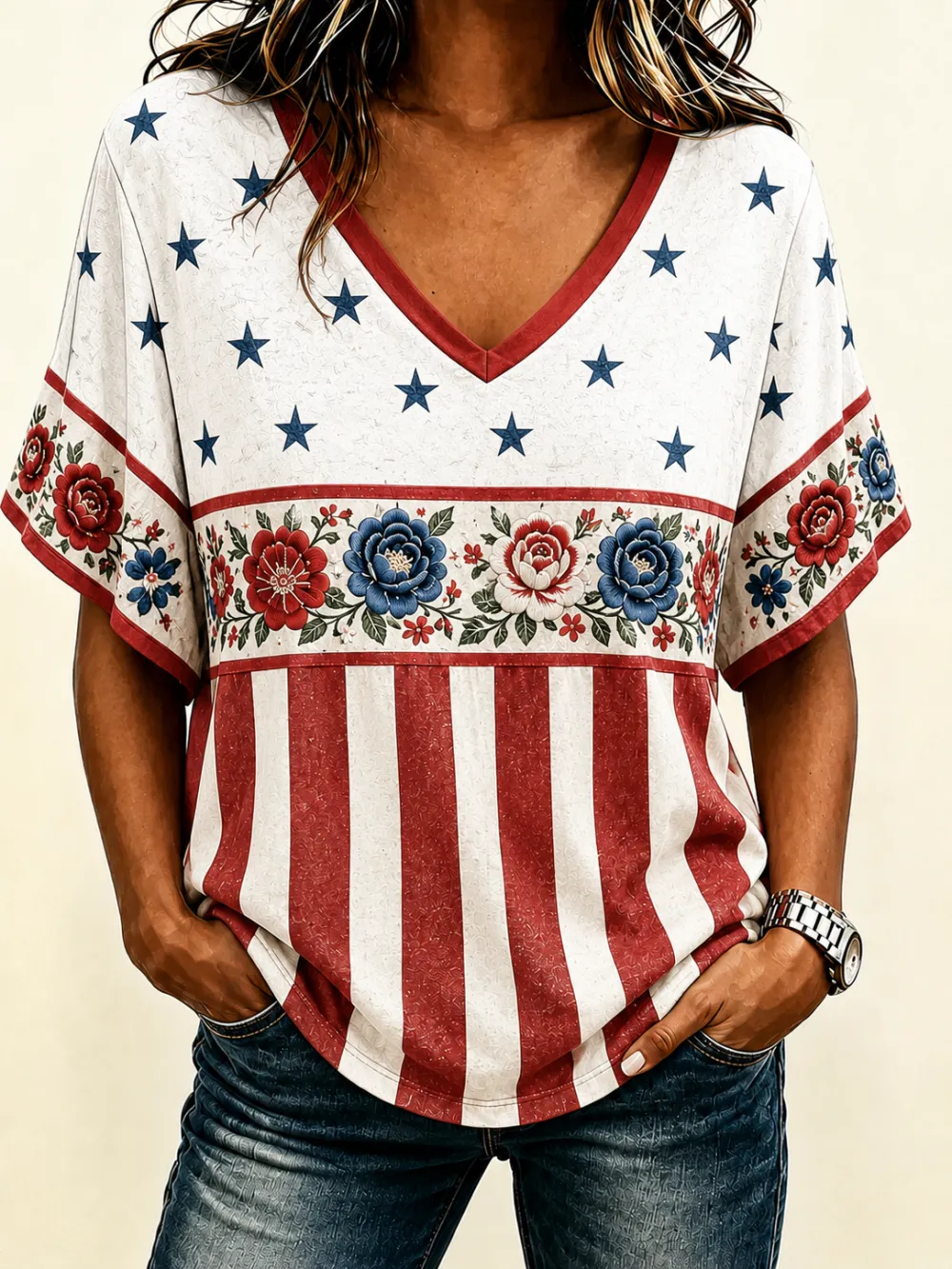 Women's Vintage American Flag Floral Print V Neck Short Sleeve Casual Blouse
