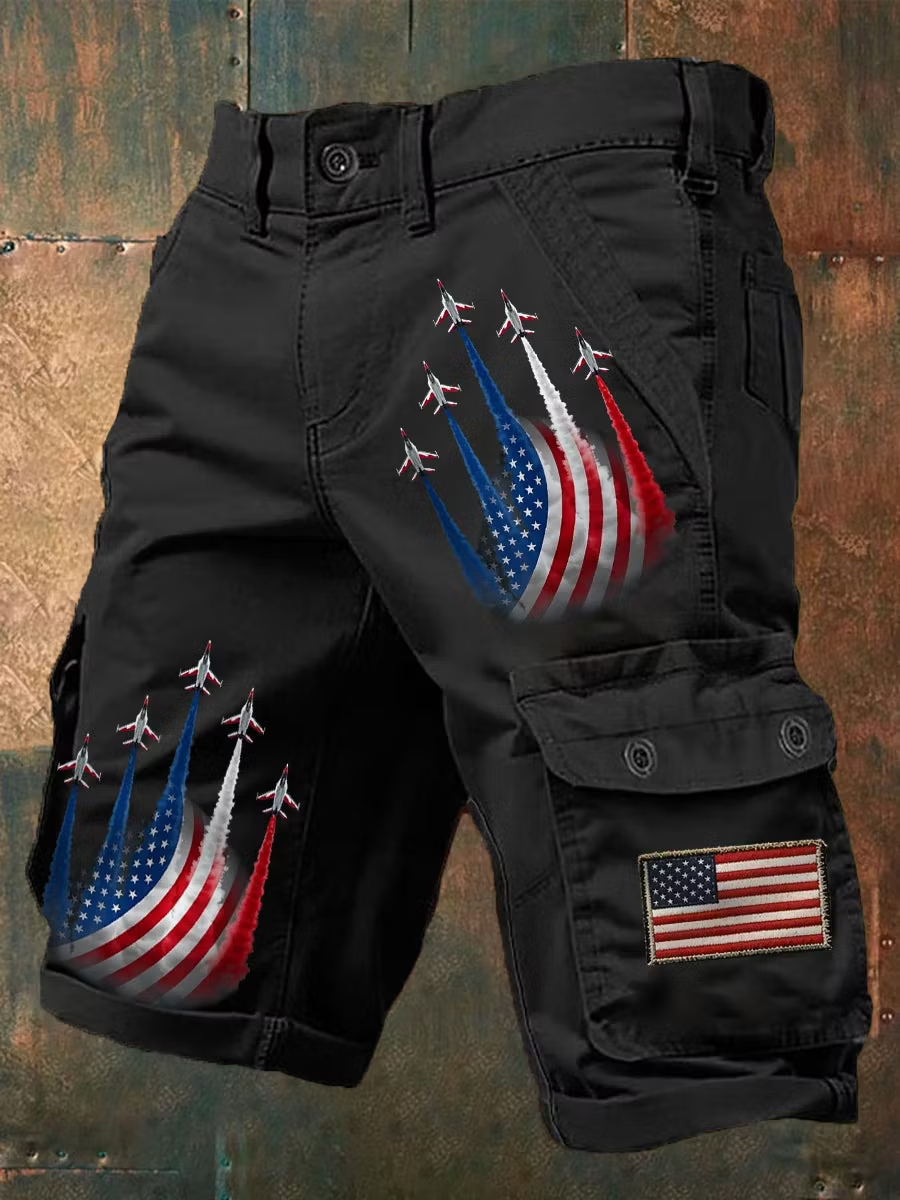Men Patriotic Fighter Jet USA Flag Multi Pocket Casual Cargo Shorts