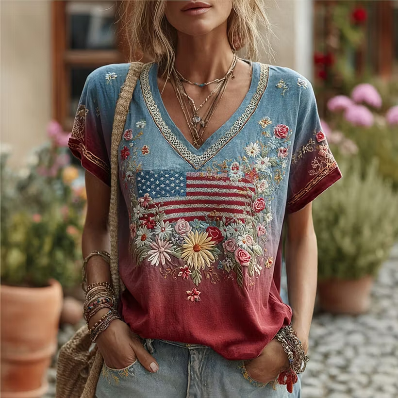 Ombre Gradient Denim Red Floral Patriotic Graphic Loose Fit Ladies Top