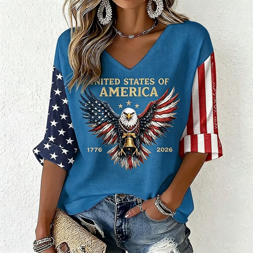 Retro Split Star Stripes Sleeve Bald Eagle Graphic V Neck Ladies Top