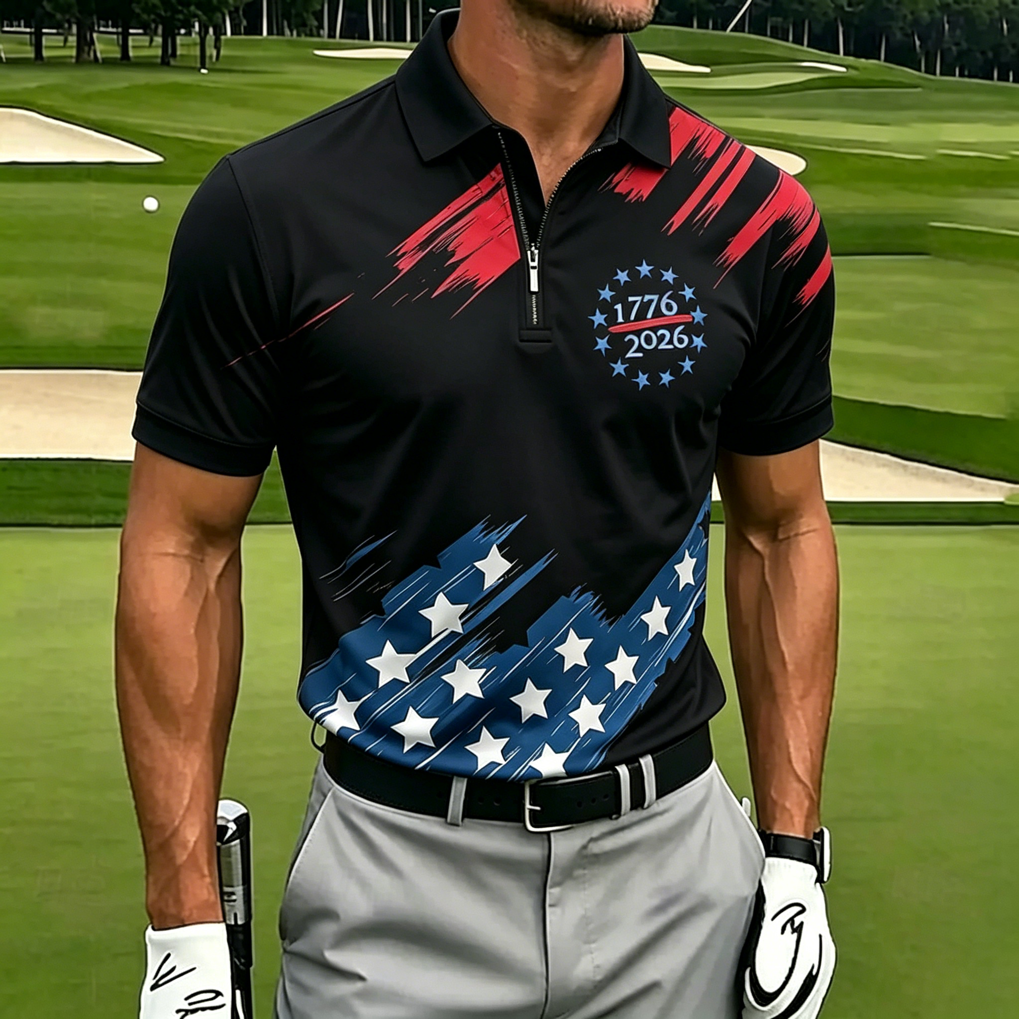Stylish 1776 USA Themed Men's Polo Shirt, Short Sleeve Quarter-Zip Casual & Sports Performance Top