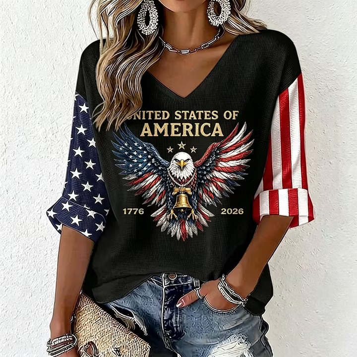 Retro Split Star Stripes Sleeve Bald Eagle Graphic V Neck Ladies Top