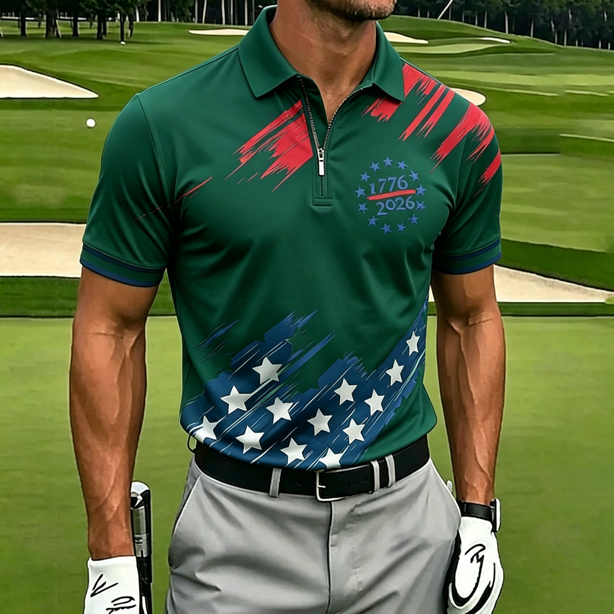 Stylish 1776 USA Themed Men's Polo Shirt, Short Sleeve Quarter-Zip Casual & Sports Performance Top