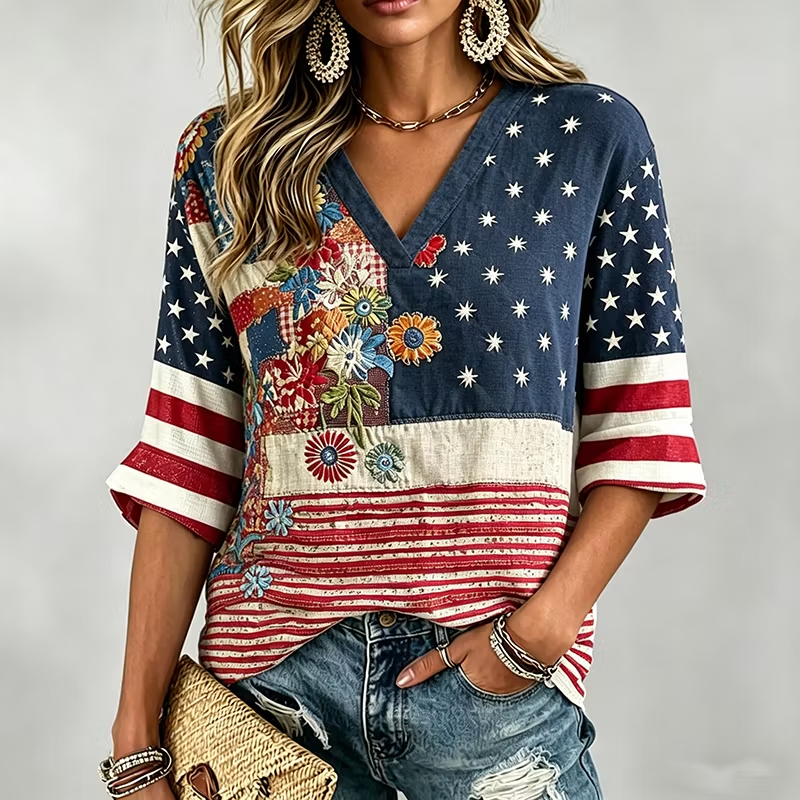 Women's Color Block Star Stripe Floral Patchwork V Neck 3/4 Sleeve Casual Top