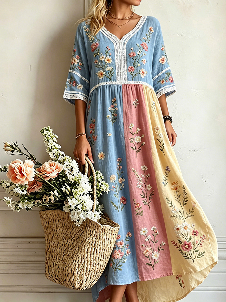 Women Relaxed Fit Lace Trim V-Neck Floral Print Vacation Maxi Dress