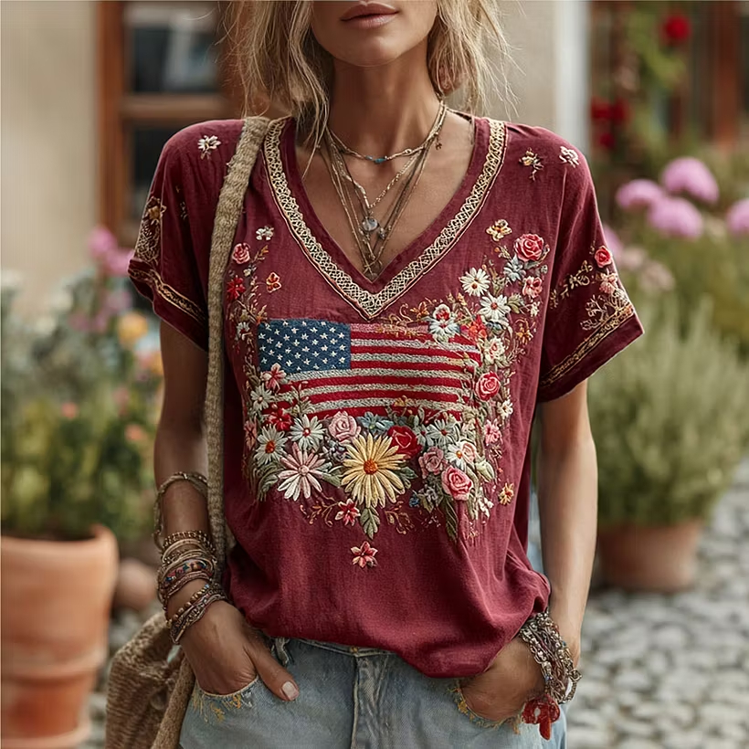 Ombre Gradient Denim Red Floral Patriotic Graphic Loose Fit Ladies Top