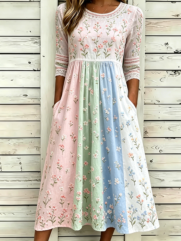 Women Flowy Tiered Floral Patchwork Casual Midi Dress with Side Pockets