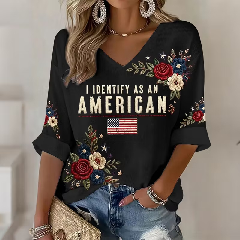 Women's I Identify As An American Floral USA Flag V Neck 3/4 Sleeve Waffle Top