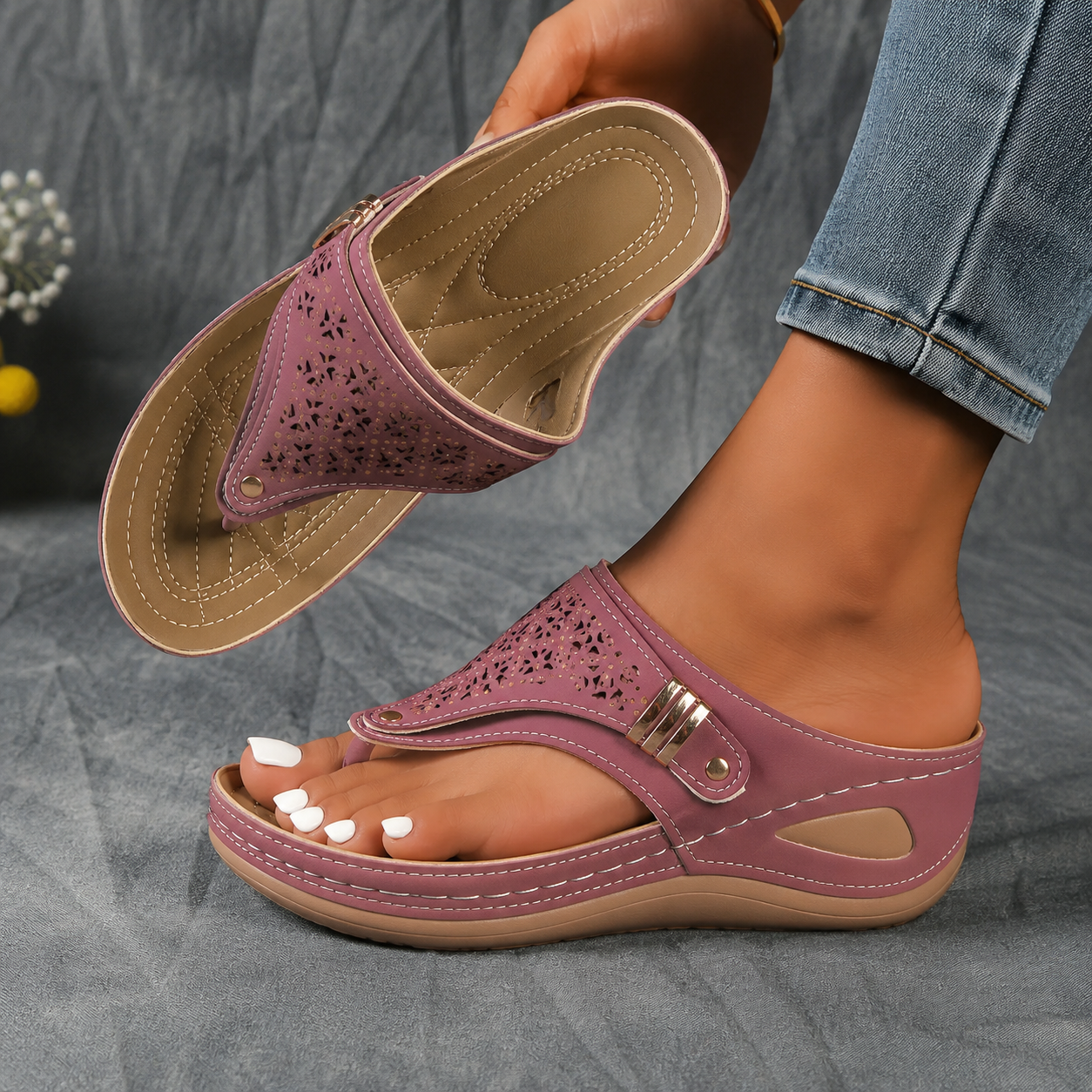 Women's Adjustable Strap Cutout Wedge Flip Flop Orthopedic Platform Sandals