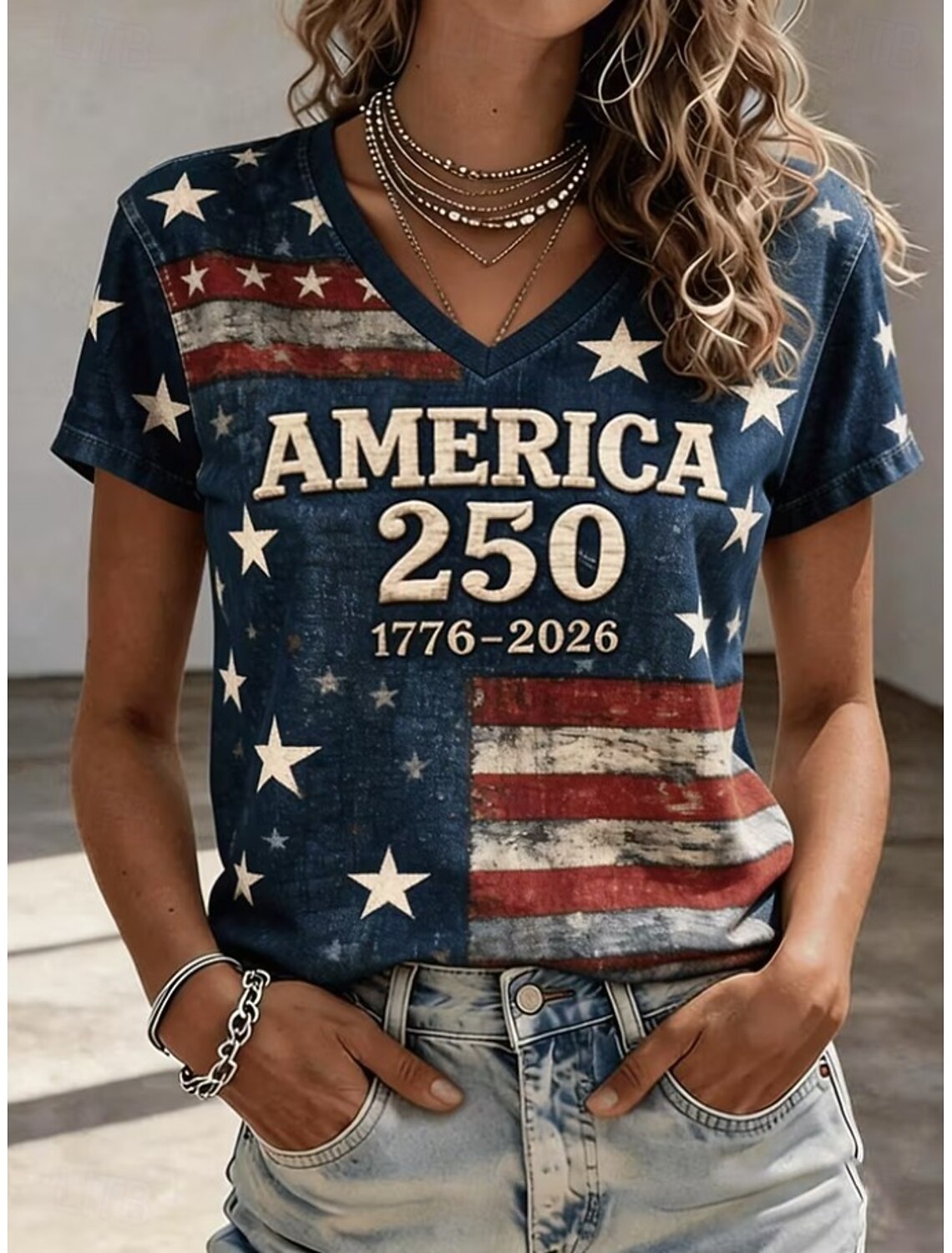 Women's America 250th 1776-2026 Vintage USA Flag V-Neck Short Sleeve Casual Tee