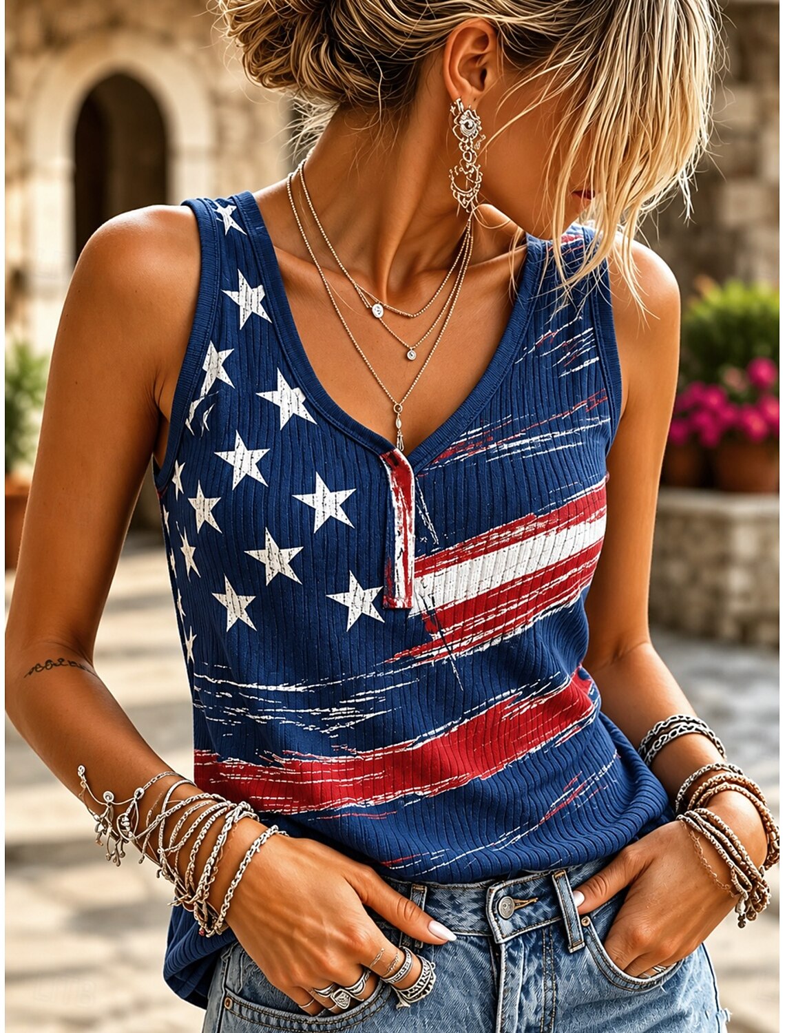 Women's Vintage Distressed American Flag Ribbed V-Neck Sleeveless Tank Top