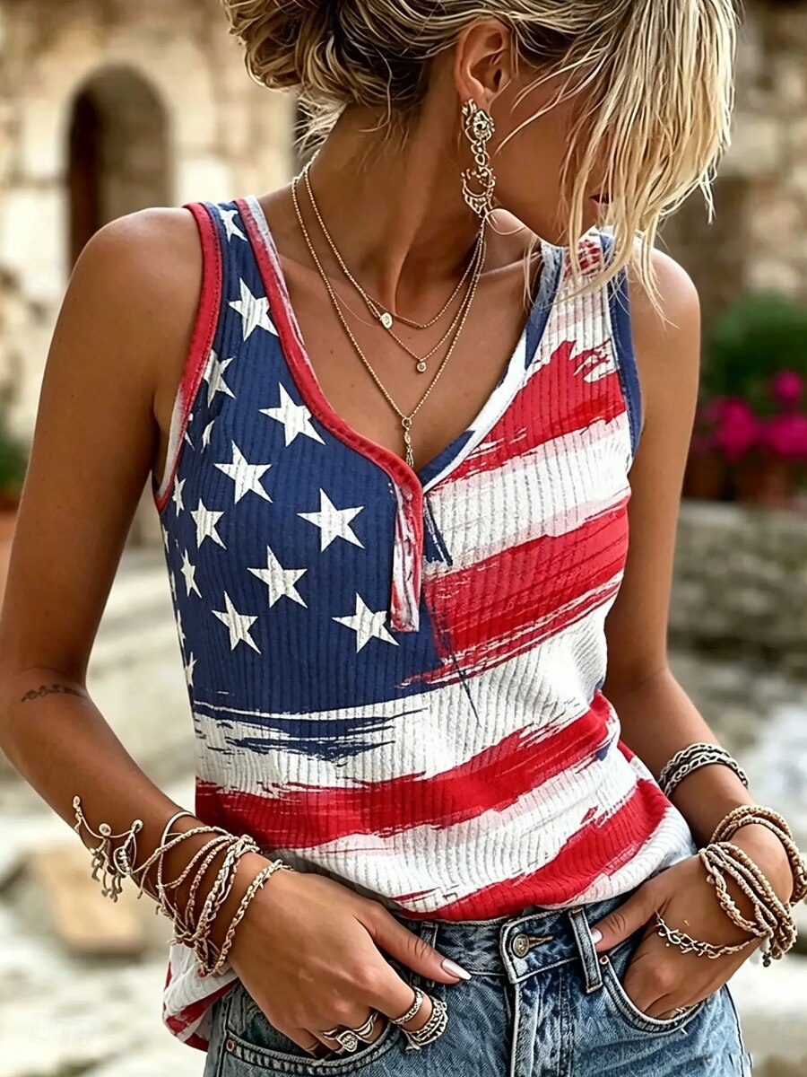 Women's Vintage Distressed American Flag Ribbed V-Neck Sleeveless Tank Top