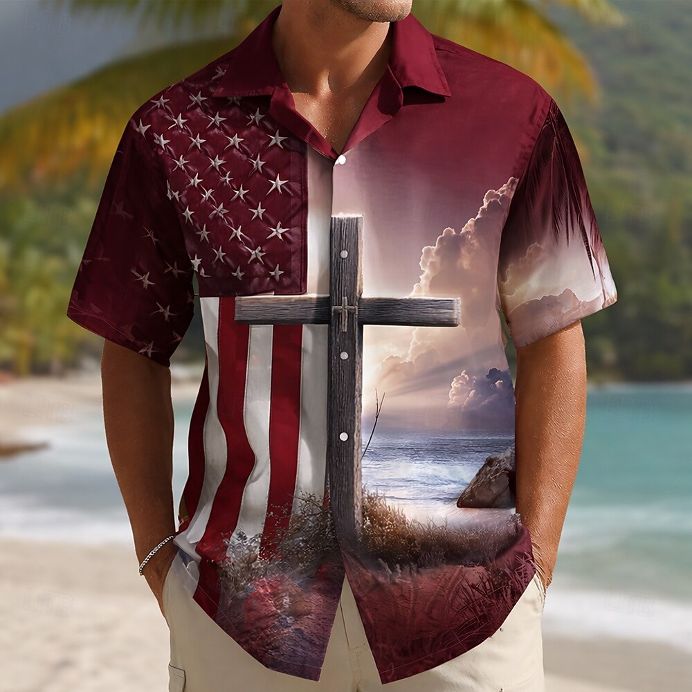 Men's Patriotic Cross & American Flag Short Sleeve Shirt 🇺🇸