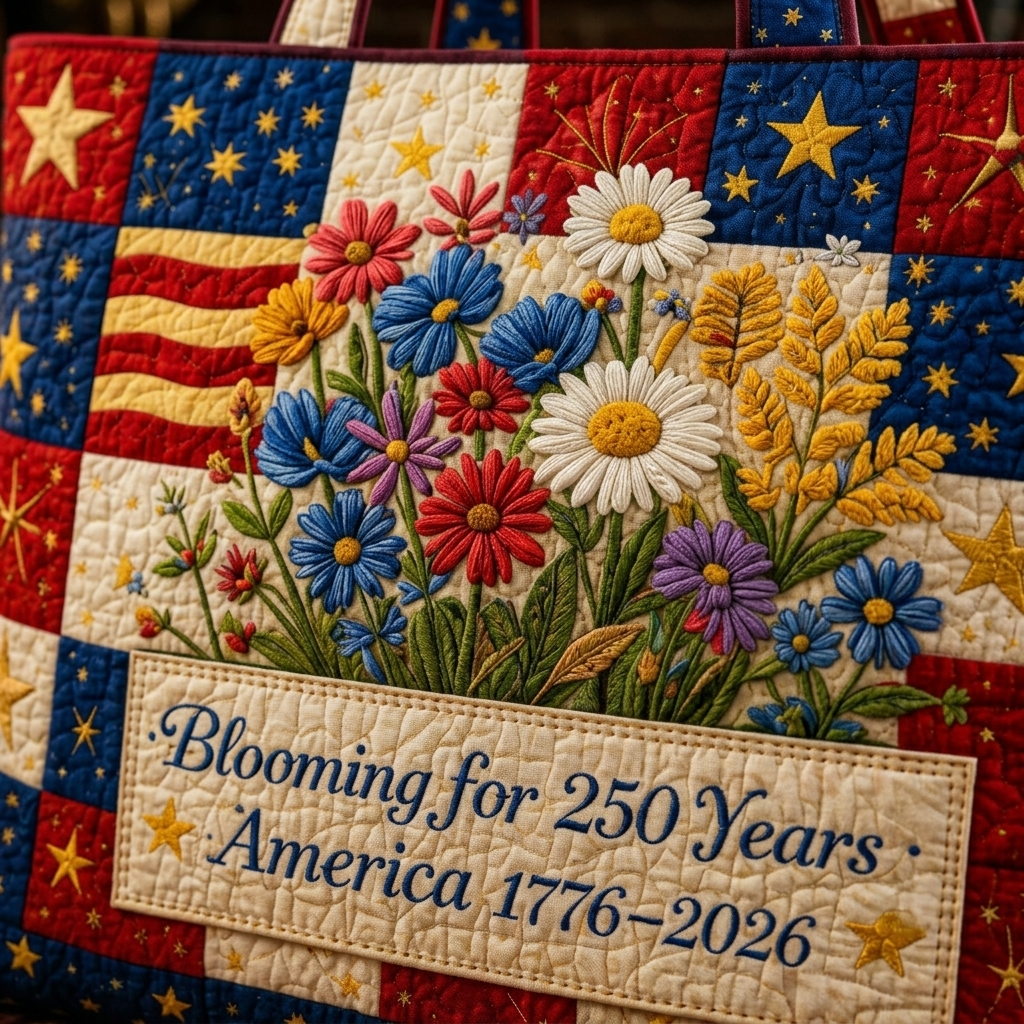 Patchwork Star Stripe Floral Bouquet 250 Years Heritage Quilted Tote Bag