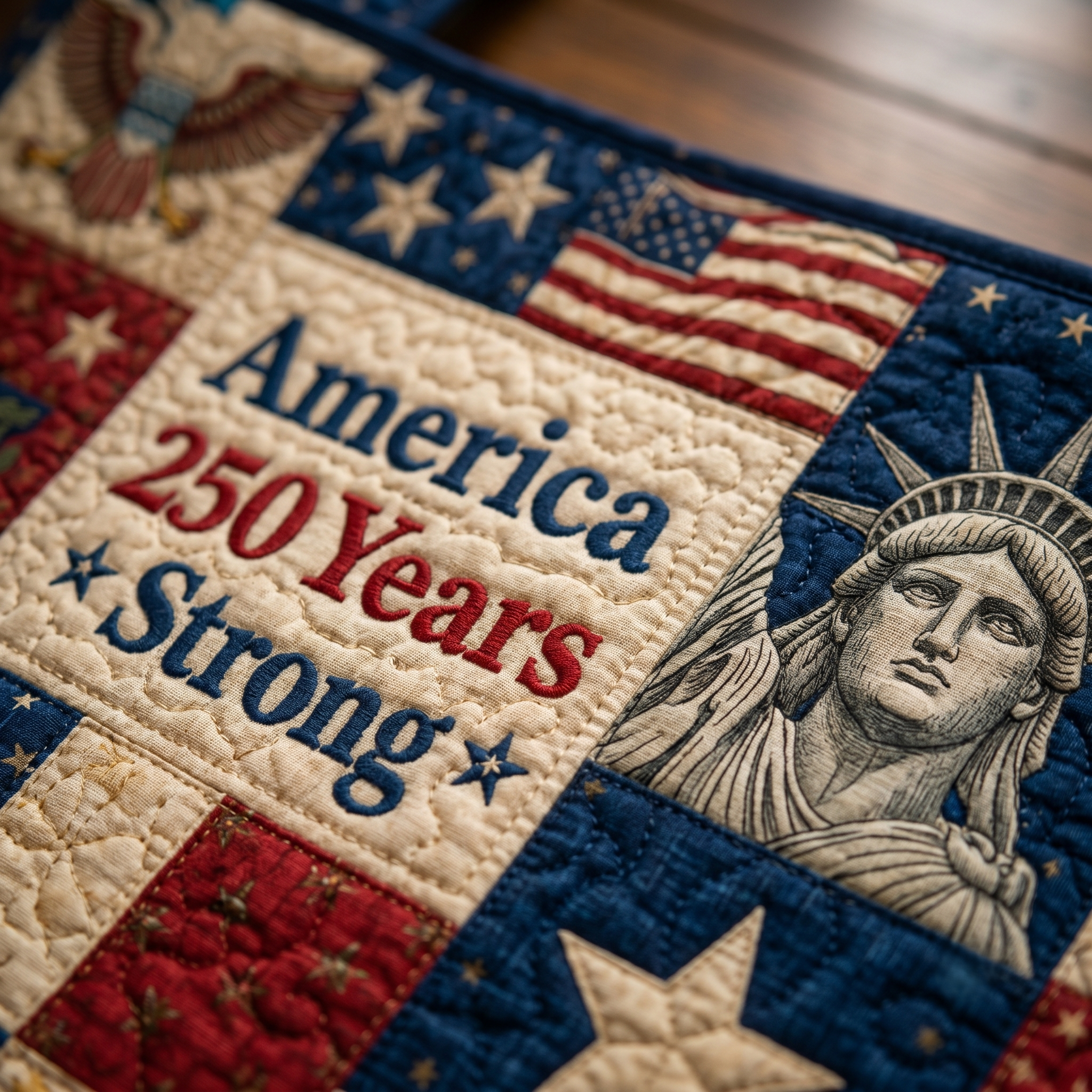 Patchwork Quilted 250 Years America Strong Liberty Eagle Tote Bag
