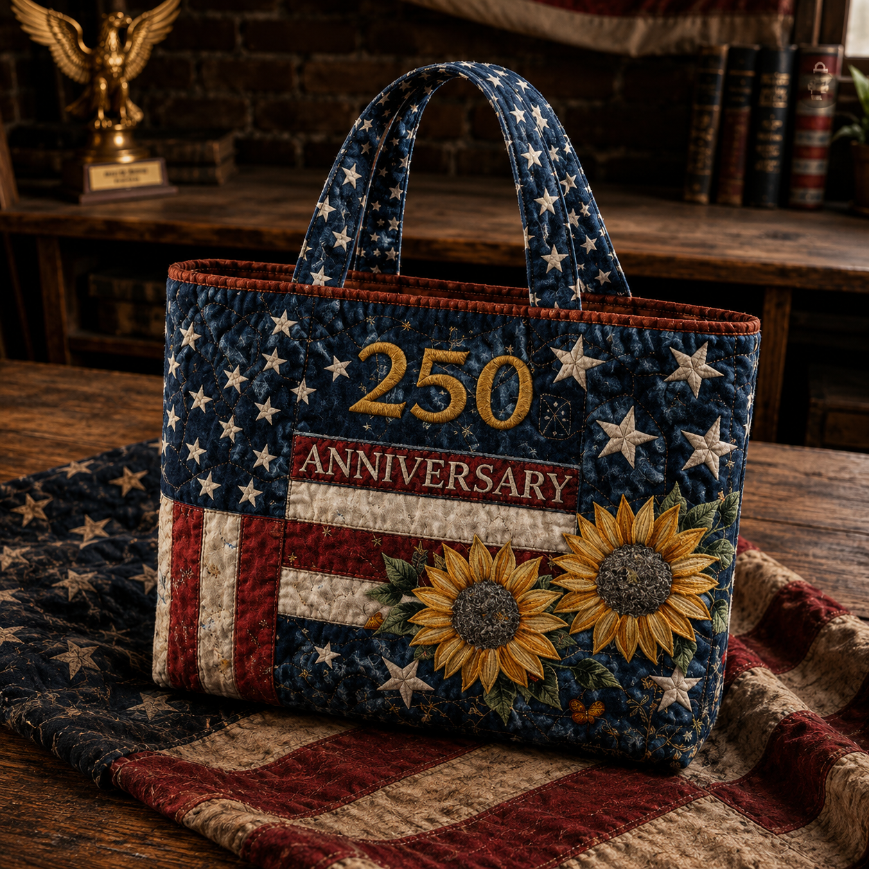 Vintage Patriotic Floral Star Striped Quilted Tote Bag Spacious Work & Outdoor Carry Bag