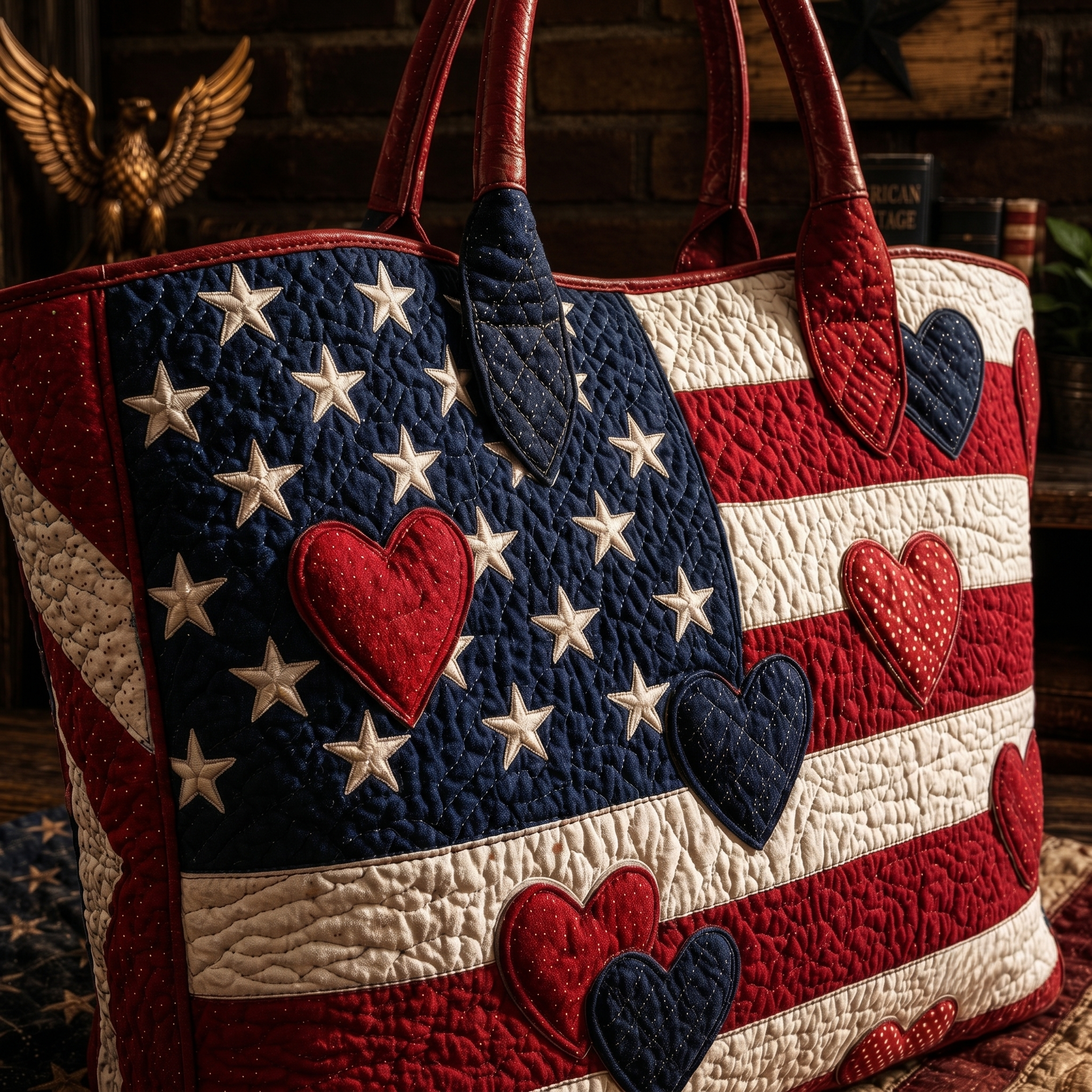 Vintage American Flag Heart Applique Quilted Large Capacity Shoulder Bag