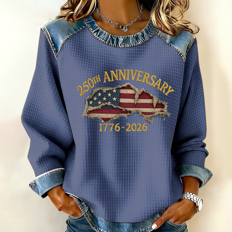 Vintage Distressed American Flag Ruffle Neck Raglan Sweatshirt