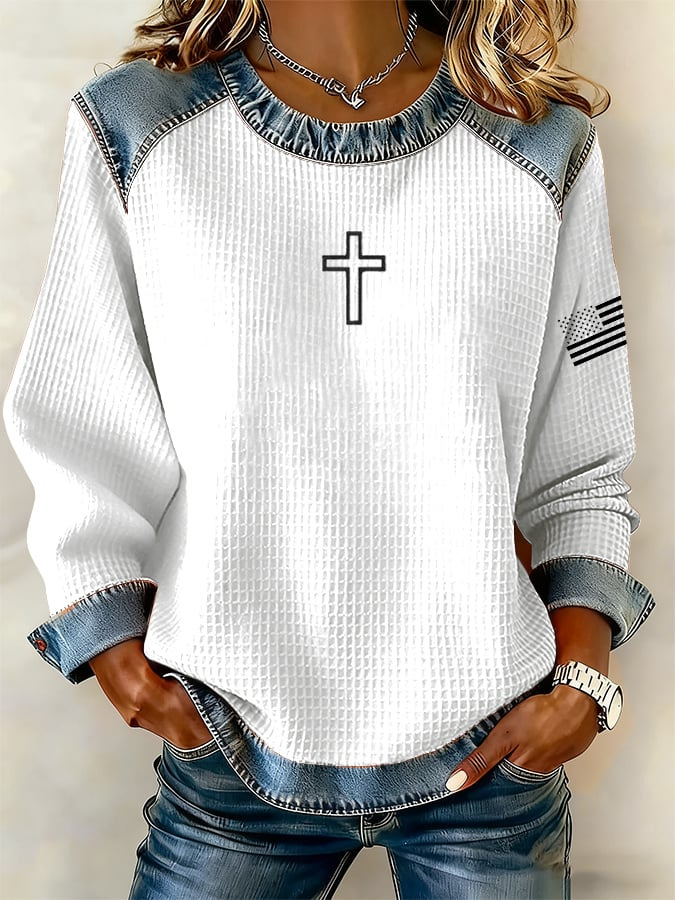 Minimal Cross & Sleeve Flag Print Denim Patch Shoulder Long Sleeve Blouse