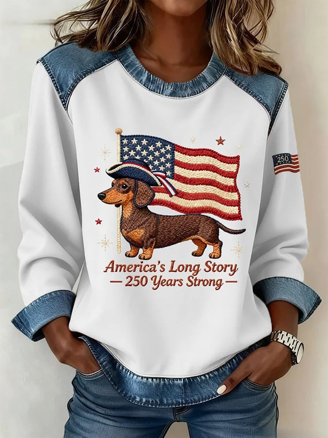 [Copy]Vintage Floral USA Star Print Denim Patch Shoulder Long Sleeve Blouse