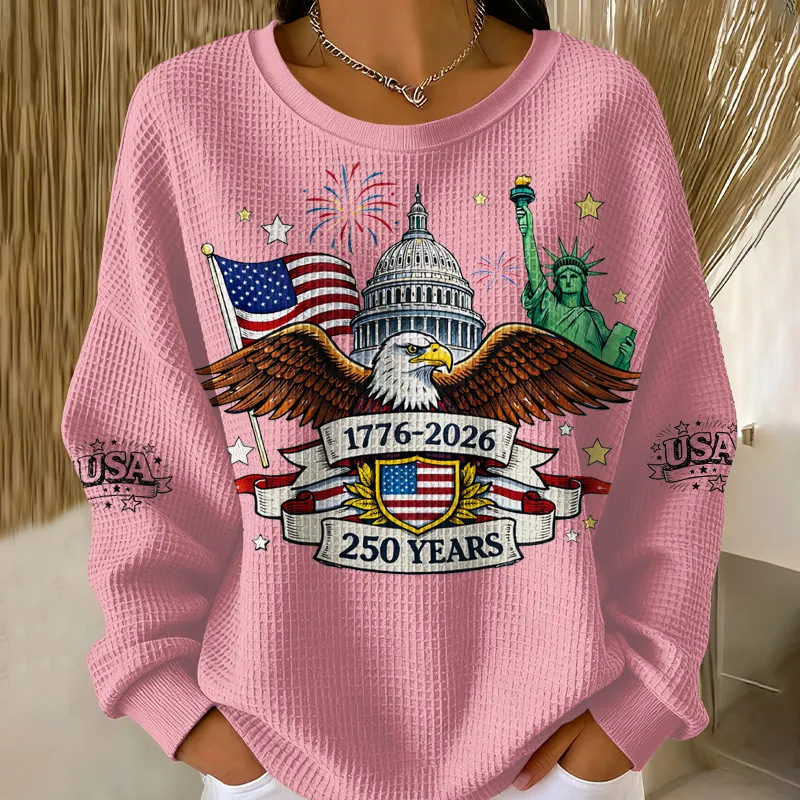 Women's Eagle Statue of Liberty 250 Years Patriotic Waffle Knit Sweatshirt