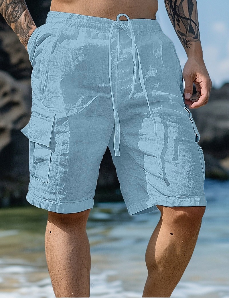 Lightweight Rolled Hem Knee Length Men Beach Cargo Shorts with Side Poc
