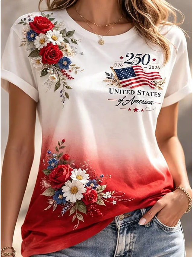 Women’s Patriotic Floral 250th Anniversary USA Flag T-Shirt, Casual Short Sleeve Tee for Independence Day