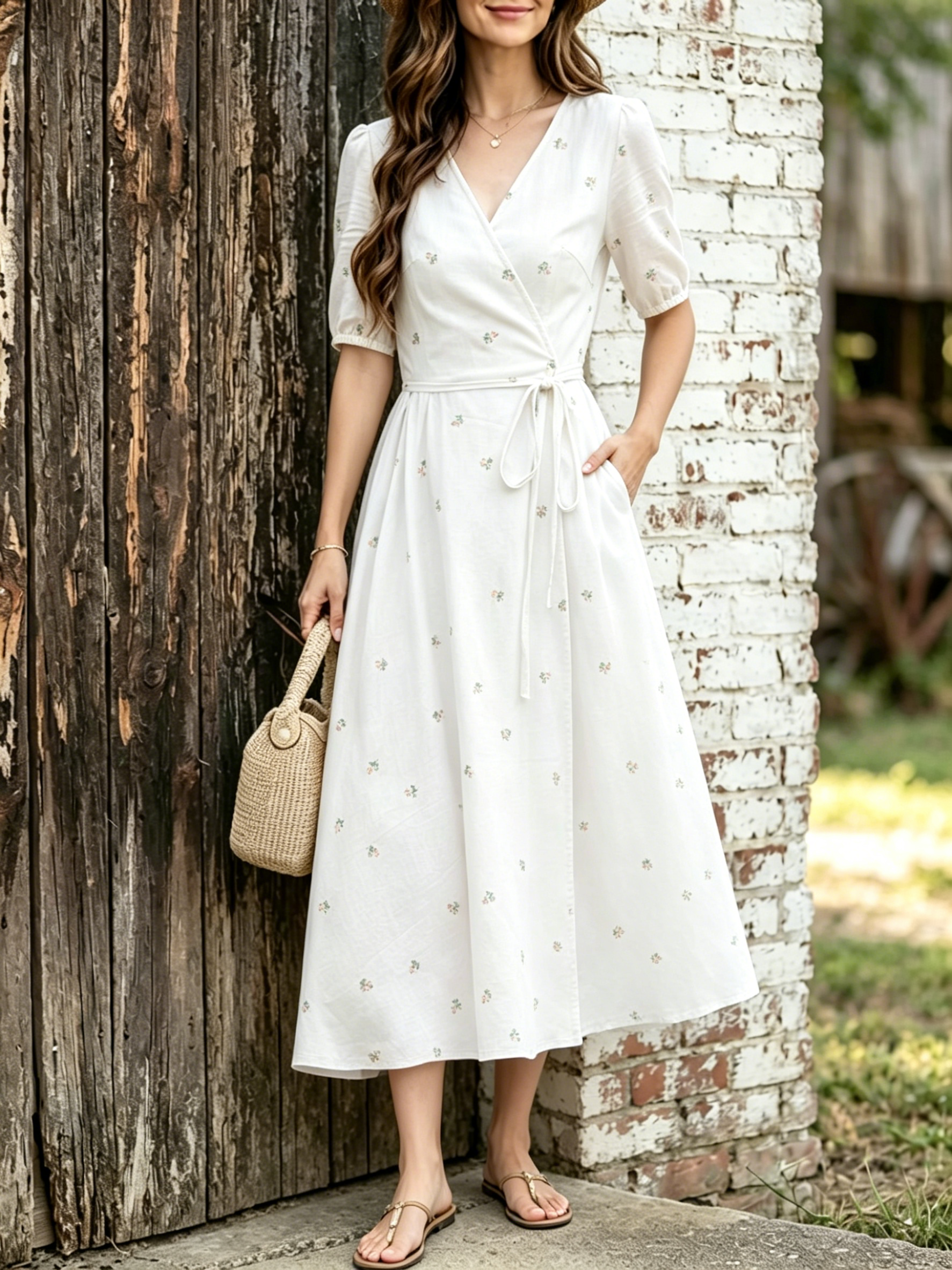 Women Ditsy Floral Wrap Midi Dress Short Sleeve Tie Waist Swing Sundress