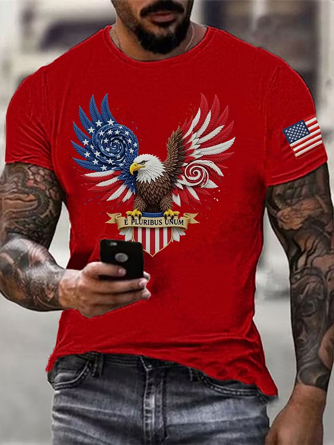 Men's Swirl Star Stripe Wing Bald Eagle E Pluribus Unum Sleeve Flag Crew Neck Tee