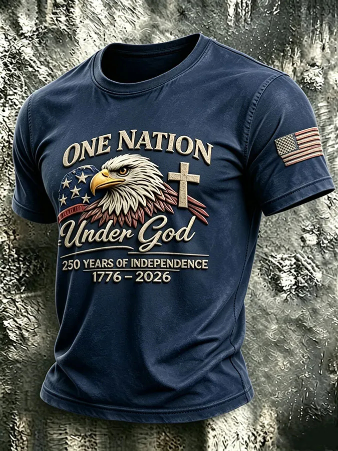 Men's One Nation Under God Bald Eagle Cross Vintage Wash Patriotic Short Sleeve T-Shirt
