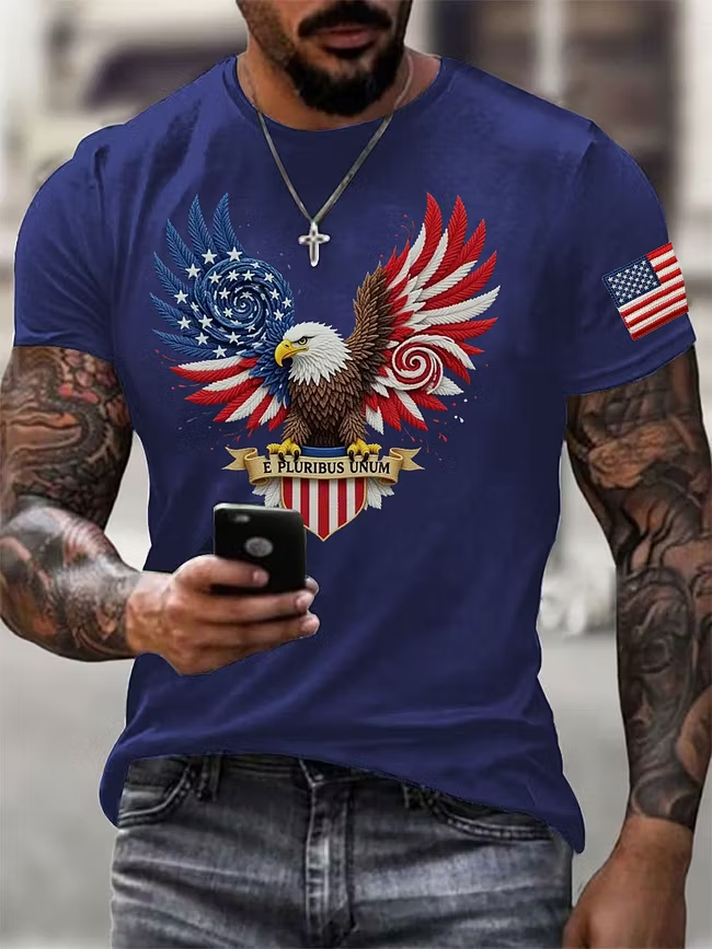 Men's Swirl Star Stripe Wing Bald Eagle E Pluribus Unum Sleeve Flag Crew Neck Tee