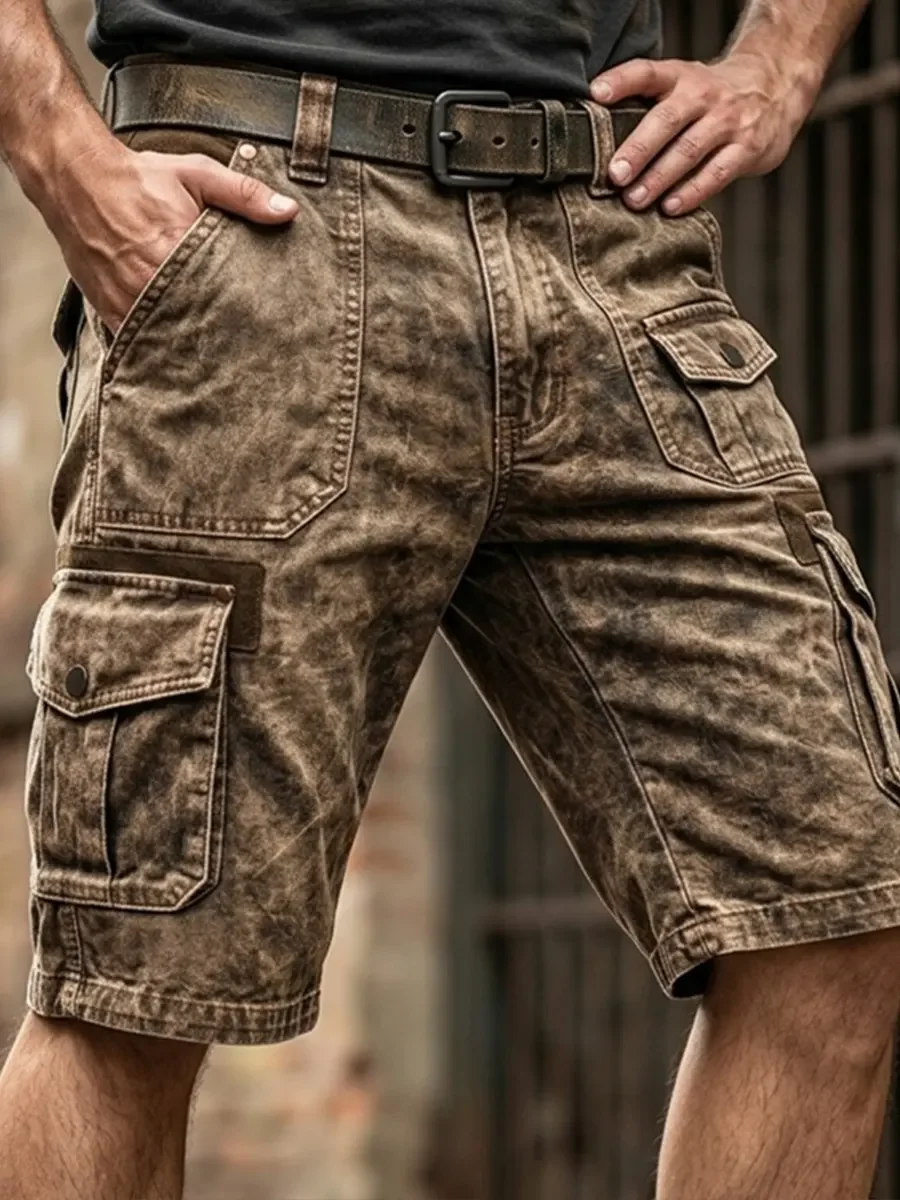 Relaxed Fit Distressed Denim Utility Cargo Shorts with Flap Side Pockets for Men