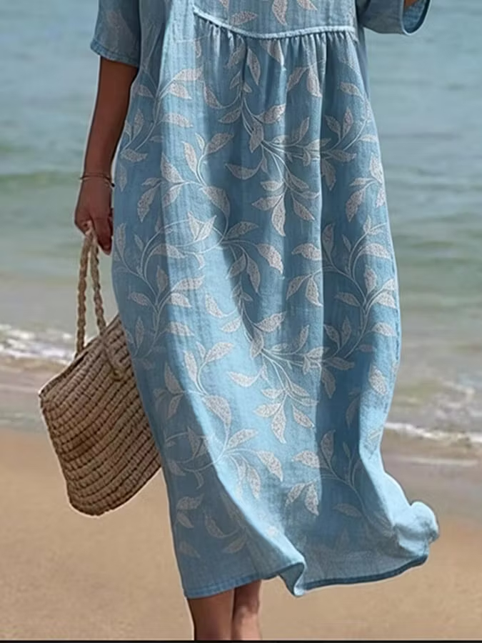Casual Oversized Round Neck Leaf Pattern Vacation Sundress For Ladies