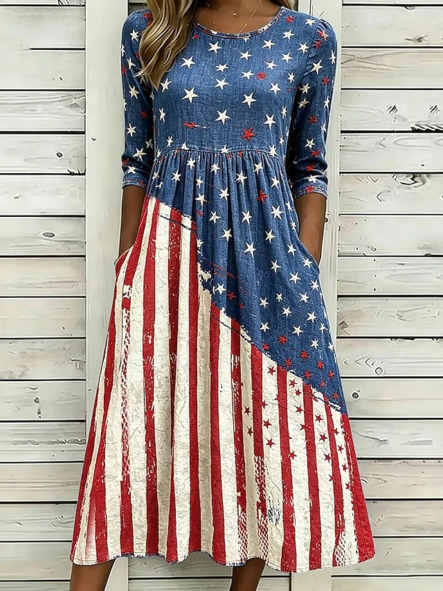 Independence Day Round Neck Flowy Midi Dress With Side Pockets