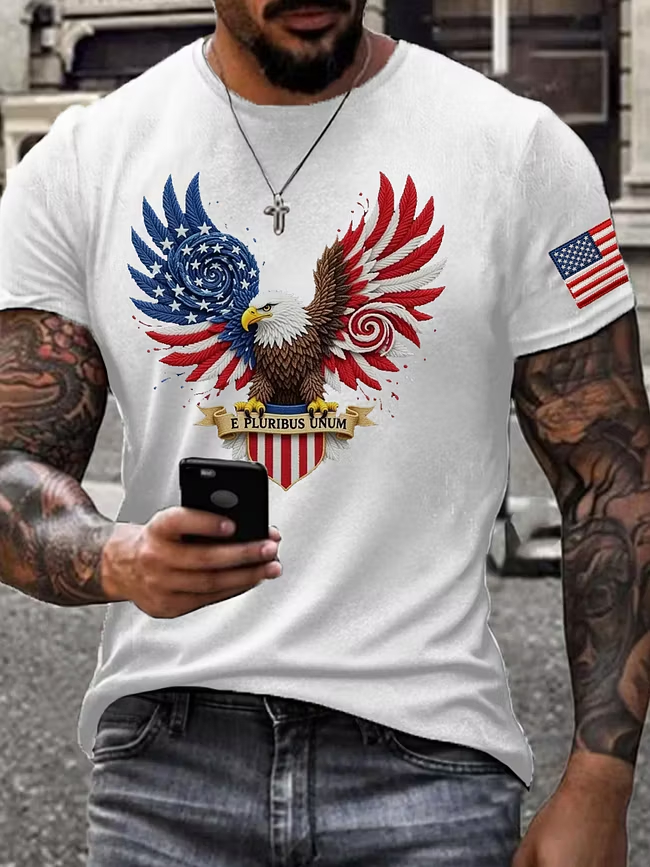 Men's Swirl Star Stripe Wing Bald Eagle E Pluribus Unum Sleeve Flag Crew Neck Tee