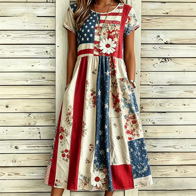 Women Vintage American Flag Floral Patchwork Short Sleeve Pocket Loose Patriotic Midi Dress