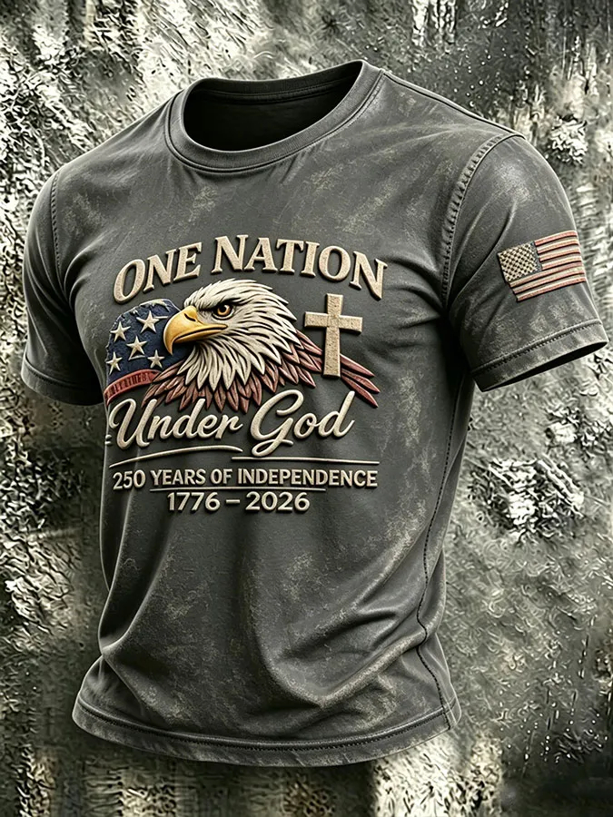 Men's One Nation Under God Bald Eagle Cross Vintage Wash Patriotic Short Sleeve T-Shirt