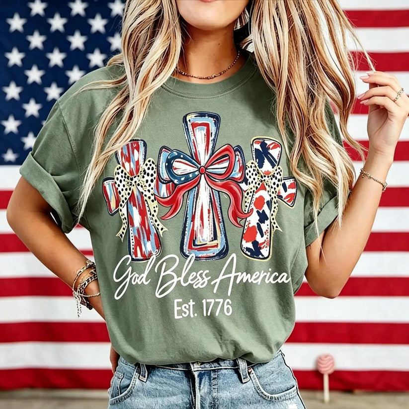 Distressed Mineral Wash Faith Patriotic Cross Gold Star Ladies Summer Top