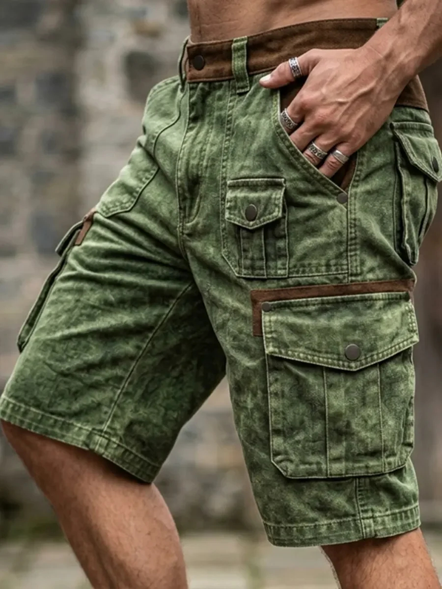Relaxed Fit Distressed Denim Utility Cargo Shorts with Flap Side Pockets for Men