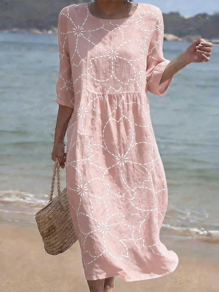 Round Neck Relaxed Fit Flowy Floral Midi Dress Ladies Holiday Daily Swing Dress