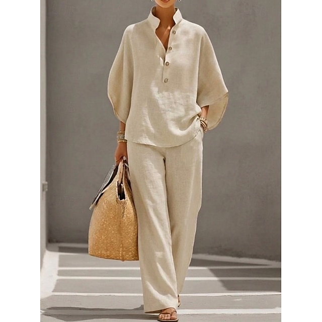Ladies Oversized Batwing Sleeve Linen Top & Pocket Wide Leg Pants, Daily Wear Matching Outfit Set