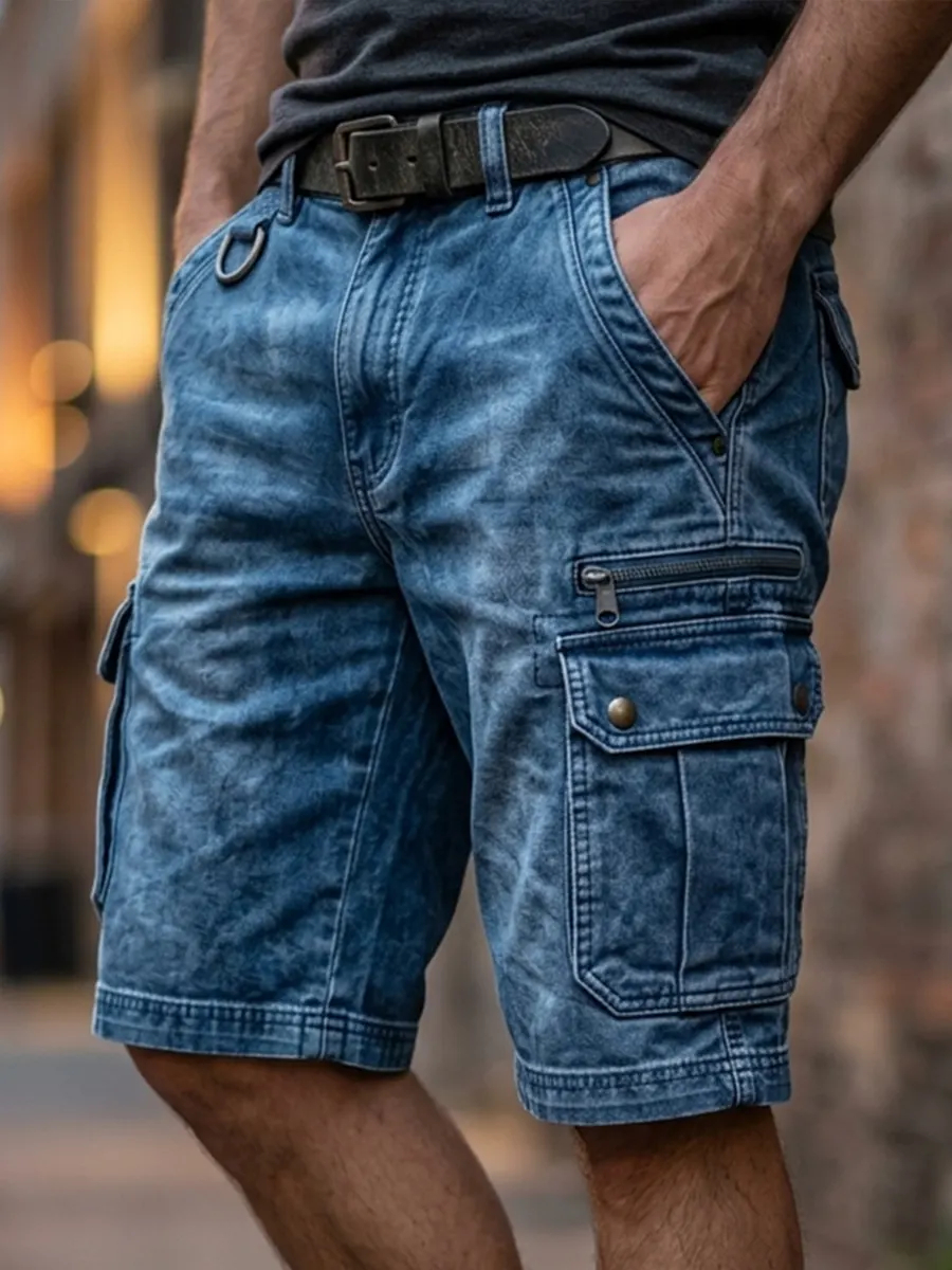 Rugged Denim Style Multi Pocket Casual Shorts