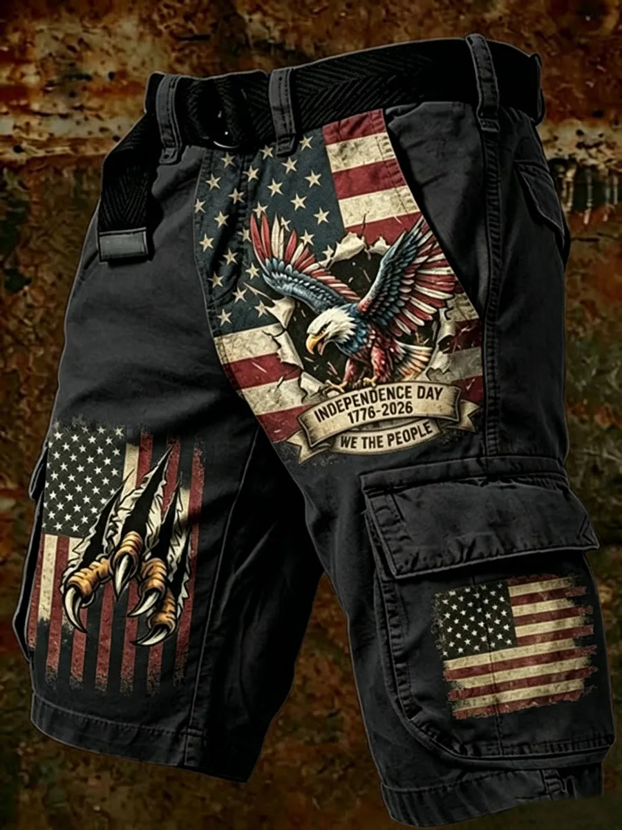 Vintage Wash Tactical Multi Pocket Patriotic Themed Knee Length Cargo Shorts