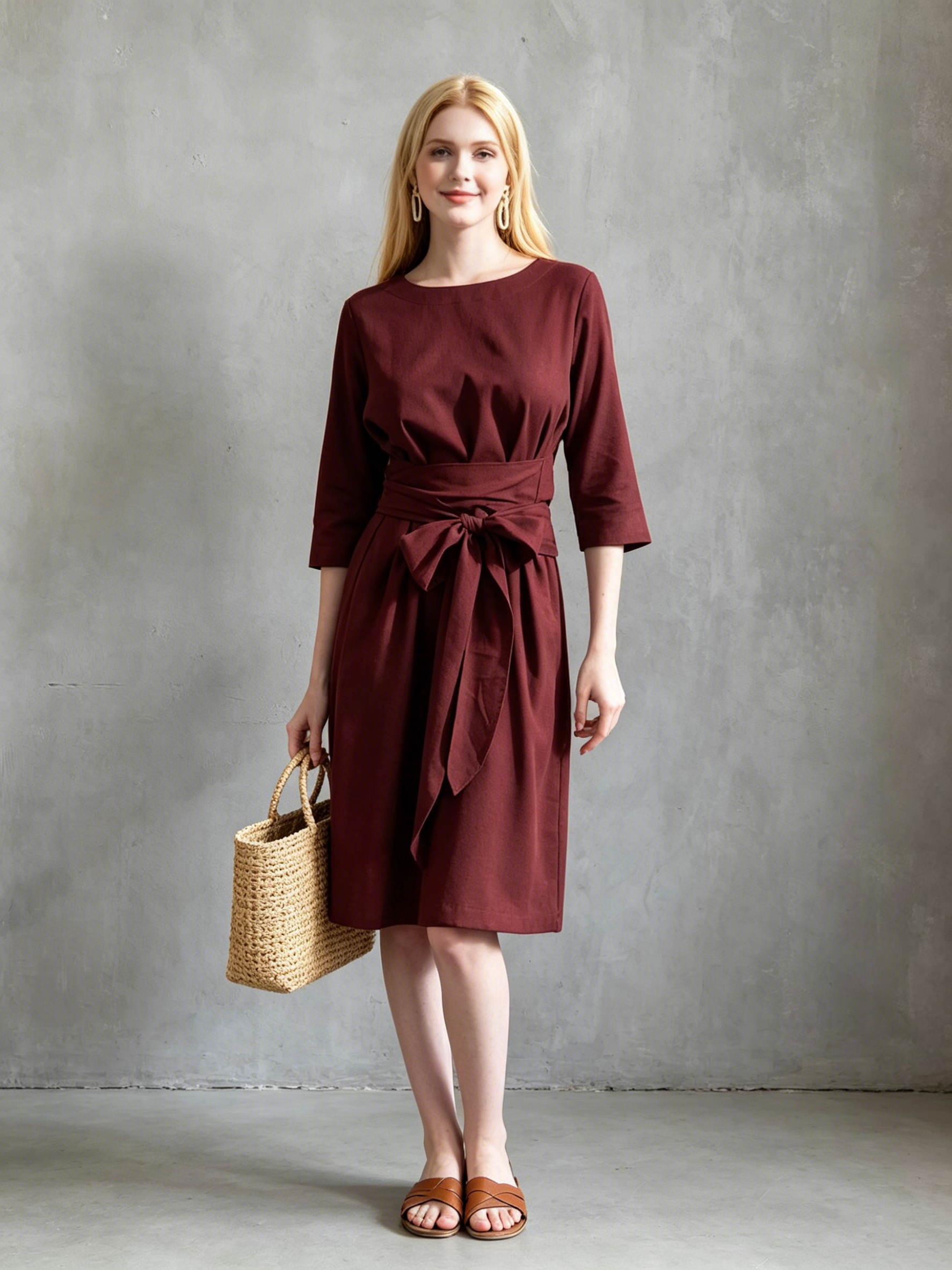 Elegant Solid Color Round Neck Self Belt Formal Midi Dress For Ladies