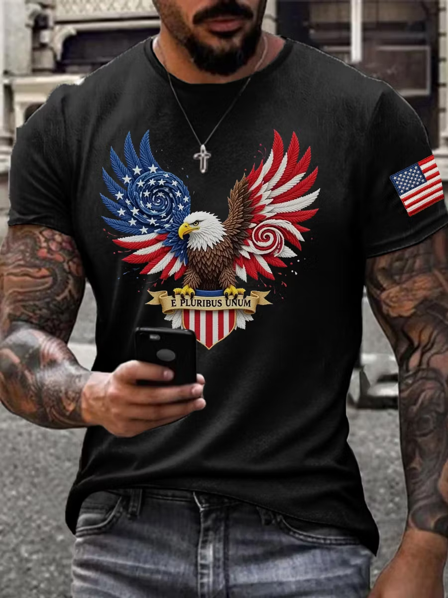 Men's Swirl Star Stripe Wing Bald Eagle E Pluribus Unum Sleeve Flag Crew Neck Tee
